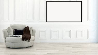 Modern parlak iç daire mockup poster çerçeve 3d render çizim ile