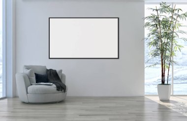 Modern parlak iç daire mockup poster çerçeve 3d render çizim ile