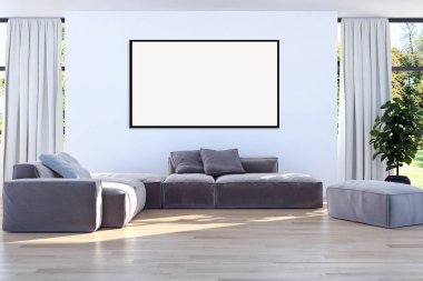 Modern parlak iç daire mockup poster çerçeve 3d render çizim ile