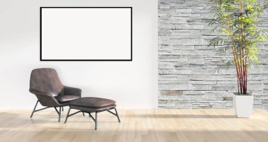 Modern parlak iç daire mockup poster çerçeve 3d render çizim ile
