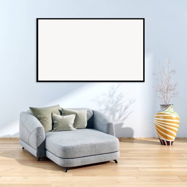 Modern parlak iç daire mockup poster çerçeve 3d render çizim ile