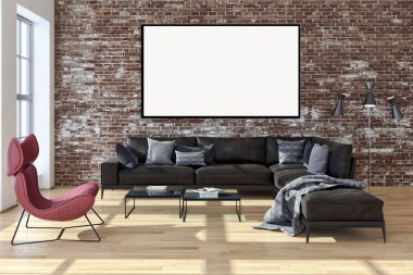 Modern parlak iç daire mockup poster çerçeve 3d render çizim ile