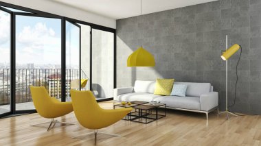 Modern parlak iç daire 3d render illüstrasyon