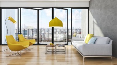 Modern parlak iç daire 3d render illüstrasyon