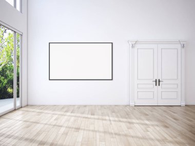 Modern parlak iç oda mockup poster çerçeve 3d render çizim ile boş