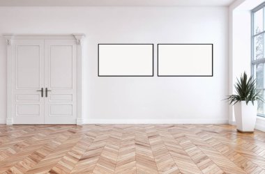 Modern parlak iç oda mockup poster çerçeve 3d render çizim ile boş