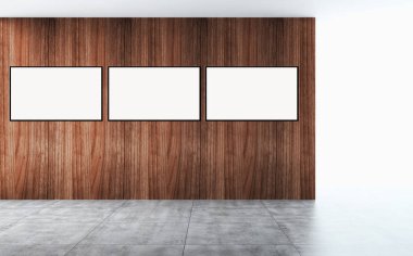 Modern parlak iç oda mockup poster çerçeve 3d render çizim ile boş