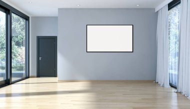 Modern parlak iç oda mockup poster çerçeve 3d render çizim ile boş