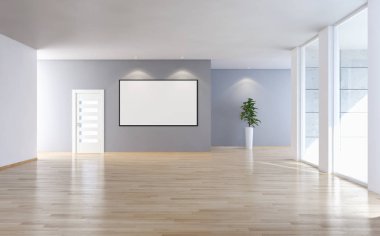 Modern parlak iç oda mockup poster çerçeve 3d render çizim ile boş