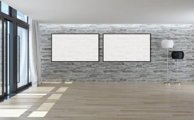 Modern parlak iç oda mockup poster çerçeve 3d render çizim ile boş