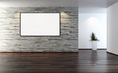 Modern parlak iç oda mockup poster çerçeve 3d render çizim ile boş
