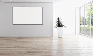 Modern parlak iç oda mockup poster çerçeve 3d render çizim ile boş