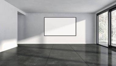 Modern parlak iç oda mockup poster çerçeve 3d render çizim ile boş