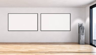 Modern parlak iç oda mockup poster çerçeve 3d render çizim ile boş