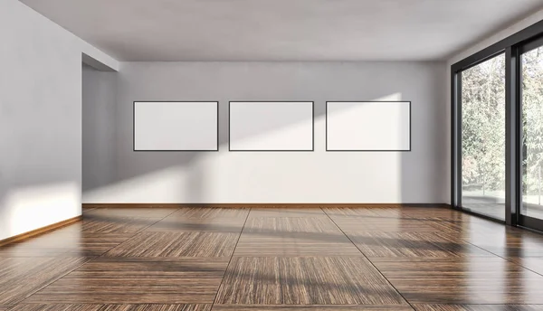 Modernos Interiores Luminosos Sala Vazia Com Quadro Cartaz Mockup Renderização — Fotografia de Stock