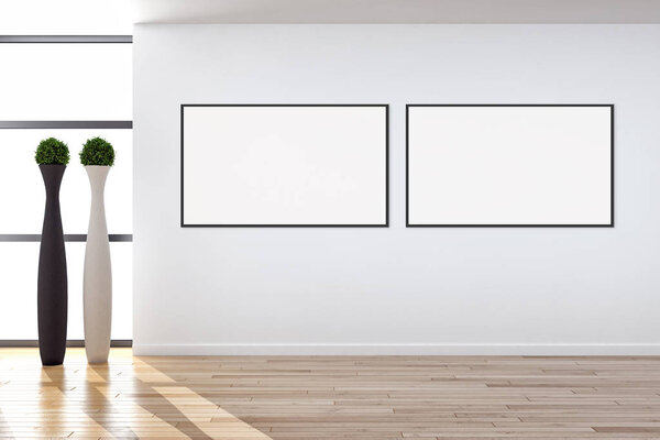 Современные светлые интерьеры пустой зал с макетом плаката рамка 3D рендеринга иллюстрации
