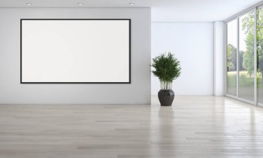 Modern parlak iç oda mockup poster çerçeve 3d render çizim ile boş