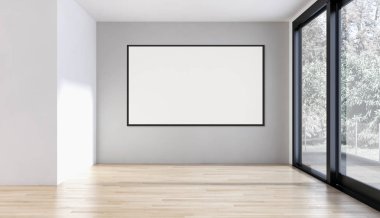 Modern parlak iç oda mockup poster çerçeve 3d render çizim ile boş