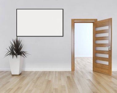 Modern parlak iç oda mockup poster çerçeve 3d render çizim ile boş