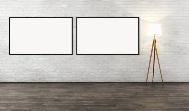 Modern parlak iç oda mockup poster çerçeve 3d render çizim ile boş