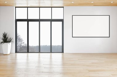 Modern parlak iç oda mockup poster çerçeve 3d render çizim ile boş