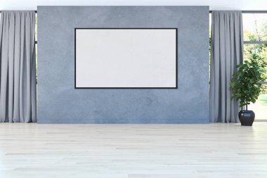 Modern parlak iç oda mockup poster çerçeve 3d render çizim ile boş