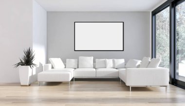 Modern parlak iç oda mockup poster çerçeve 3d render çizim ile boş