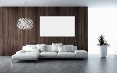 Modern parlak iç oda mockup poster çerçeve 3d render çizim ile boş
