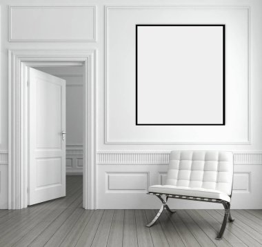 Modern parlak iç oda mockup poster çerçeve 3d render çizim ile boş