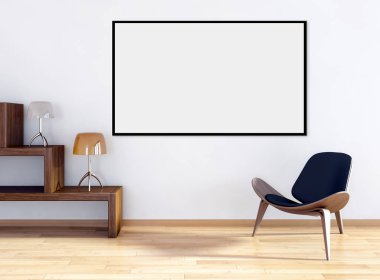 Modern parlak iç oda mockup poster çerçeve 3d render çizim ile boş