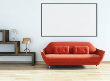 Modern parlak iç oda mockup poster çerçeve 3d render çizim ile boş