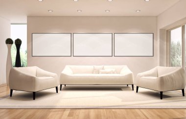 Modern parlak iç oda mockup poster çerçeve 3d render çizim ile boş