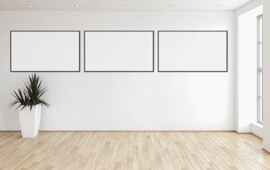 Modern parlak iç oda mockup poster çerçeve 3d render çizim ile boş