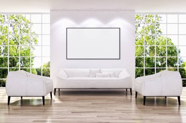 Modern parlak iç oda mockup poster çerçeve 3d render çizim ile boş