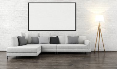 Modern parlak iç oda mockup poster çerçeve 3d render çizim ile boş