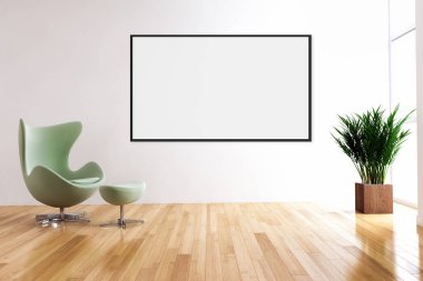 Modern parlak iç oda mockup poster çerçeve 3d render çizim ile boş