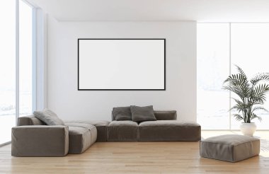 Modern parlak iç oda mockup poster çerçeve 3d render çizim ile boş