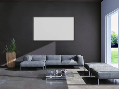 Modern parlak iç oda mockup poster çerçeve 3d render çizim ile boş