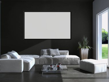 Modern parlak iç oda mockup poster çerçeve 3d render çizim ile boş