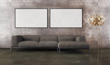 Modern parlak iç oda mockup poster çerçeve 3d render çizim ile boş