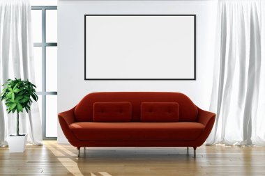 Modern parlak iç oda mockup poster çerçeve 3d render çizim ile boş
