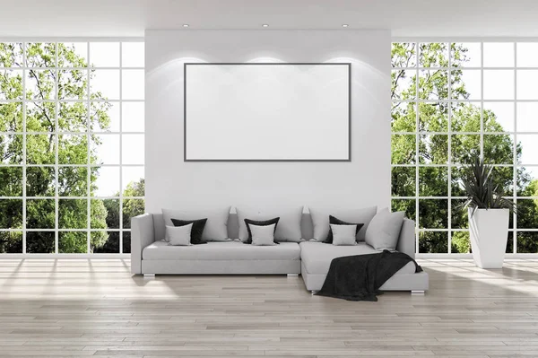 Modern parlak iç oda mockup poster çerçeve 3d render çizim ile boş