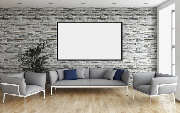 Modernos Interiores Luminosos Sala Vazia Com Quadro Cartaz Mockup Renderização — Fotografia de Stock