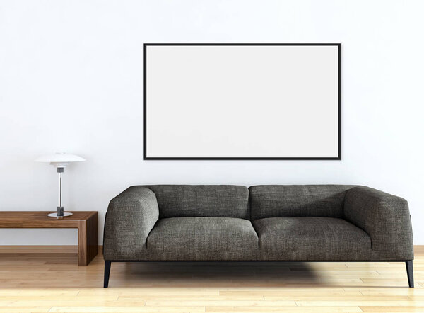 Modern bright interiors empty room with mockup poster frame 3D rendering illustration