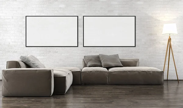 Modernos Interiores Luminosos Sala Vazia Com Quadro Cartaz Mockup Renderização — Fotografia de Stock