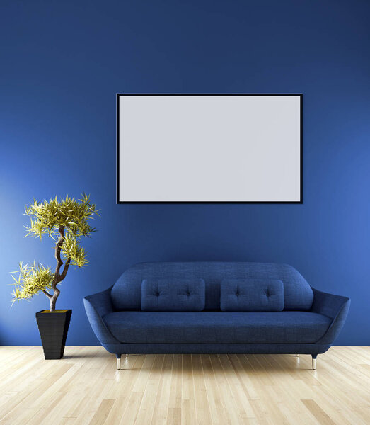 Modern bright interiors empty room with mockup poster frame 3D rendering illustration