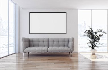 Modern parlak iç daire mockup poster çerçeve 3d render çizim ile