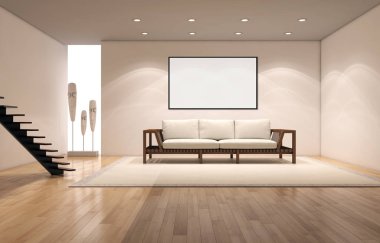 Modern parlak iç daire mockup poster çerçeve 3d render çizim ile