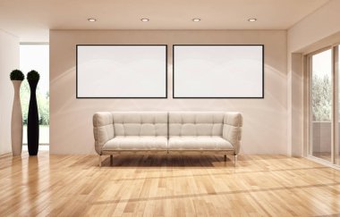 Modern parlak iç daire mockup poster çerçeve 3d render çizim ile