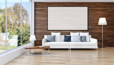 Modern parlak iç daire mockup poster çerçeve 3d render çizim ile